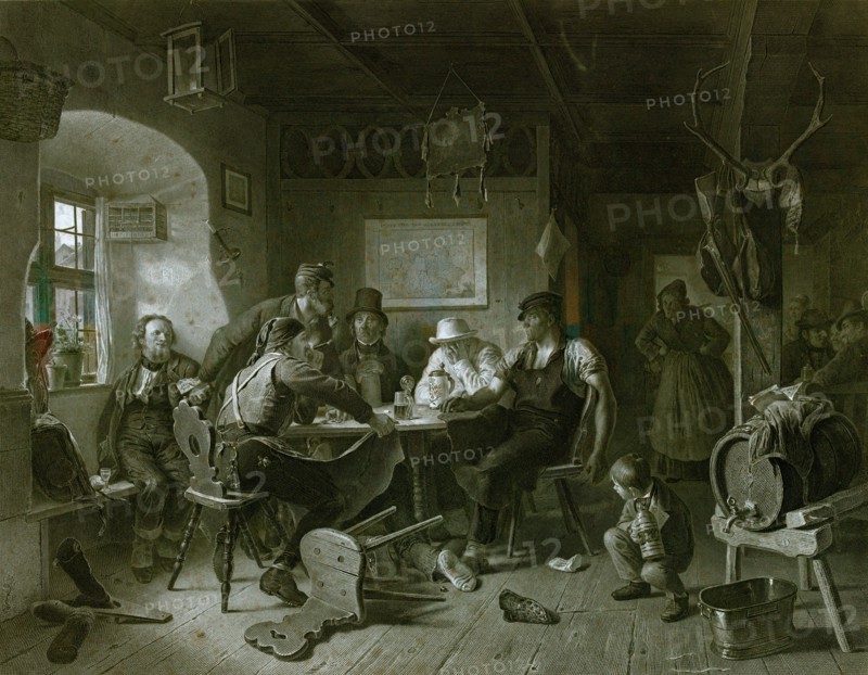 Card game by Karl von Enhuber, 1811-1867, German painter, Germany, everyday life, interior, figures, men, cards, beer, beer jug, barrel, boy, table, chair, 19th century, alcohol, glass, food and drink, liszt gourmet archive, pint, lager, shoe, play, gamble, risk