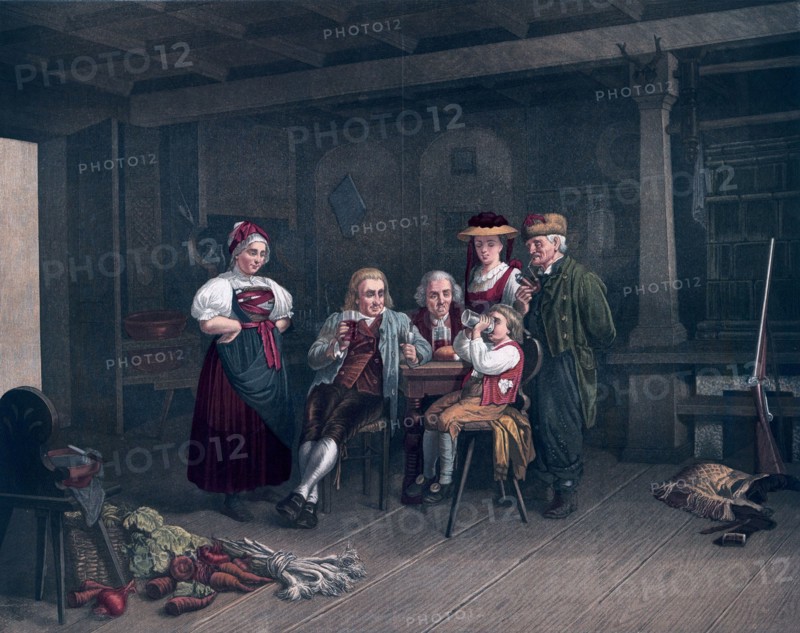 Drinking beer, smoking a pipe, austria, austrian, pub, bar, alcohol, people, caucasian, europe, glass, boy, men, women, gun, table, chair, vegetables, carrots, cheerful, beverage, 19th century, osterreich, basket, folk dress,