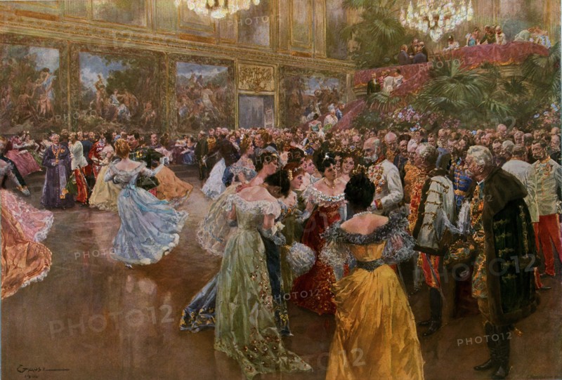 The emperor Franz Josef at the ball in the Redoutensaale of the Hofburg in Vienna  by Wilhelm Gause, 1853-1916. He was a famous illustrator who moved to Vienna, Austria in 1879. dance, dancing, dance, female, male, caucasian, european, europe