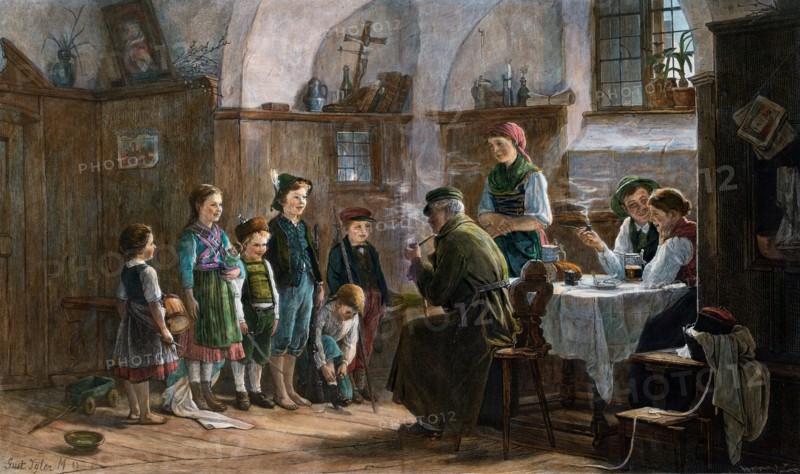 The children and the uncle by Gustav Igler, 1842-1908, Austrian Hungarian. Studied in Vienna and Munich, later principal of technical painting at the Academy in Stuttgart, Germany. beer, beer jug, pipe, smoking, bread, table, table cloth, plate, fork, spoon, girls, boys, interior, food and drink, liszt gourmet archive