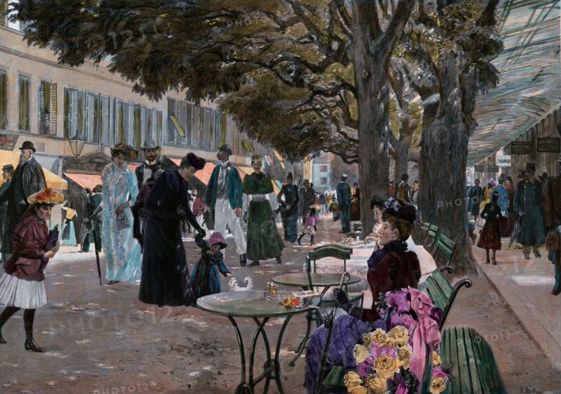 The promenade Carlsbad, Karlsbad by Franz Skarbina, 1849-1910, German. Promenade under the trees with people walking, children playing and ladies seated with flowers. Karlsbad or Karlovy Vary in the Czech Republic. food and drink, liszt gourmet archive. summer, city, outdoor, people, street, sun, recreation, style, european, caucasian, europe