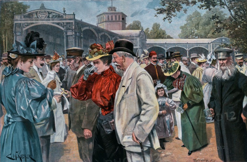 Georg-Viktor Quelle, Bad Wildungen by Carl Hermann Kuechler, 1866-1903. Germany, europe, caucasian, fine art, men, women, male, female, painting, summer, season, promenade, group of people, drinking water, social gathering, spring water, food and drink, liszt gourmet archive, hat, hats, walking stick, child, girl, 19th century, fashion, waldeck-frankenberg, hesse, germany, spa, resort, health, wellness, therapy, treatment, healthy, care, natural, relaxation, relax, wellbeing