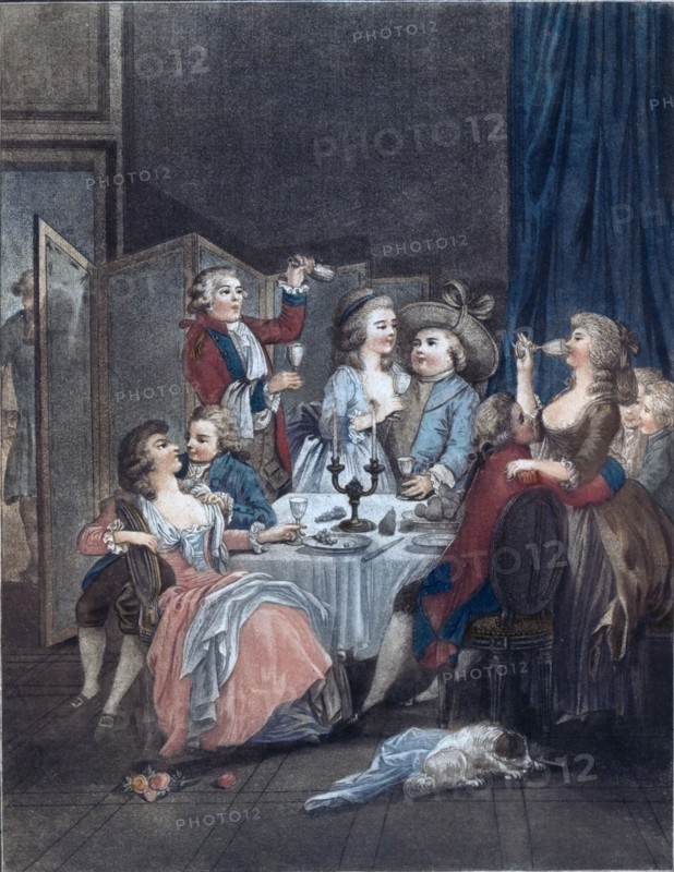 The evening meal by Jean Baptiste Huet, 1745-1811, french artist of the second half of the 18th century, men, women, food and drink, liszt gourmet archive, candle, glass, plate, grapes, knife, dog, drink, fruit, pears, 18th century fashion, interior