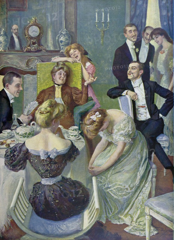 Afternoon tea By Oscar Bluhm, 1867 - 1912, German, tea, lady, ladies, men, table, teapot, teacup, cake, cakes, laughter, mirror, clock, food and drink, liszt gourmet archive