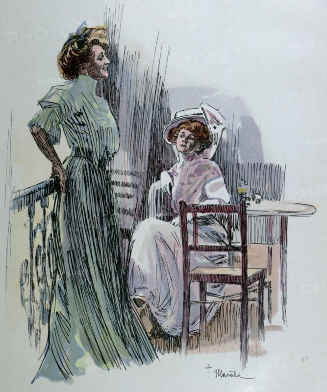 Having a drink by Franz Hlavaty, 1861-1917. food and drink, liszt gourmet archive, glass, lady, ladies, table, hat, dress, fashion, chair