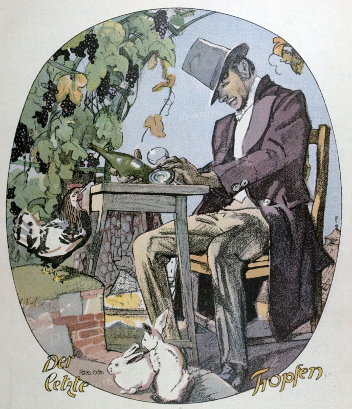 A glass of wine by Ferdinand Gotz, 1874-1936, German. food and drink, liszt gourmet archive, glass, bottle, wine, alcohol, garpes, vines, garden, outdoors, table, chair, chicken, elegant dress, man, hat, bunnies, bunny, rabit, rabits