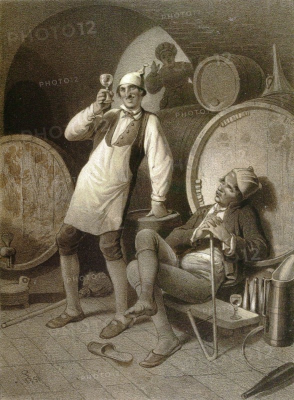 Wine cellar, drinking a glass of wine, two men, wine barrels, winery, storage, alcohol, alcoholic, beverage, underground, viticulture, 19th century lithography