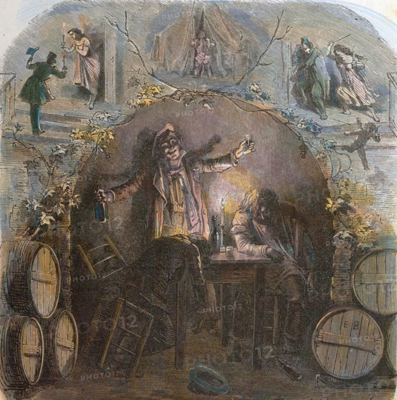 L'ivrogne and his wife, Jean de la Fontaine.  19th century engraving by Emile Bayard, 1837-1891. man, men, barrels, bottle, candle, table, hat, sleeping, liszt gourmet archive