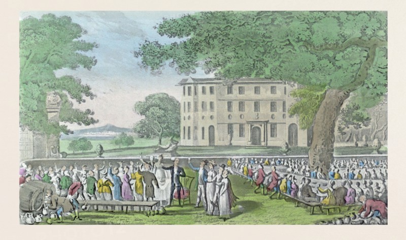 Miss Worthy's marriage. Dr. Syntax in the chair, drawn by Rowlandson. Coloured aquatint circa 1820. food and drink, 19th century, wedding, party, people, in the garden, manor house, UK, liszt gourmet archive