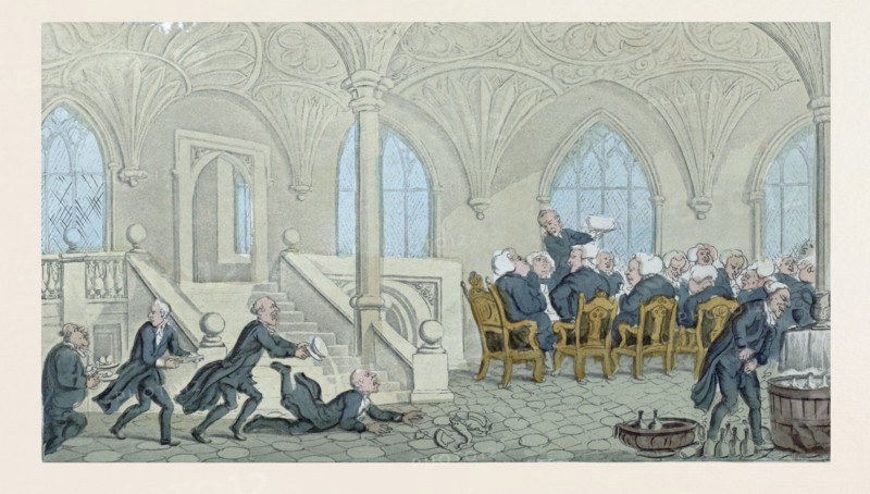 Dr. Syntax entertained at college, drawn and etched by Rowlandson, circa 1819. food and drink, people, dinning table, bottles, waiters, liszt gourmet archive