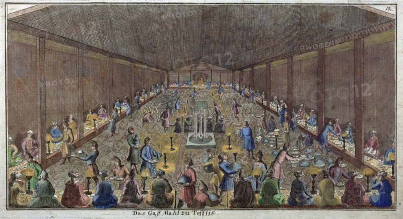 Large dinner in Tbilisi, Tiflis, food and drink, historical engraving, liszt gourmet archive