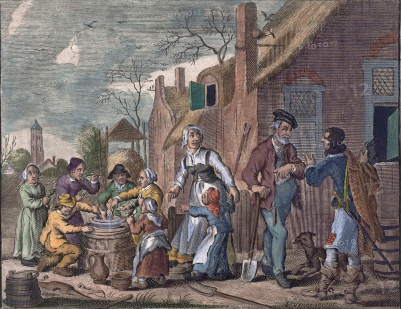 Outdoor eating by Adriaen van de Venne, 1587-1662, Dutch. Etching from around 1620. Food and drink, man, woman, child, barrel, dish, spoons, eating, house, traditional dress, 17th century, farm, liszt gourmet archive