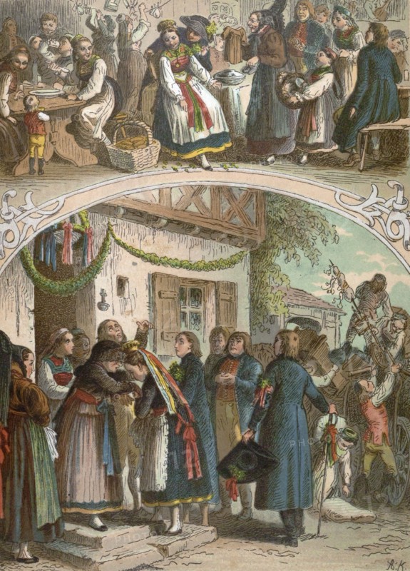 Traditional hungarian wedding, Hungary, 19th century, bride, groom, man, woman, food and drink, folk dress, village, wedding guests, liszt gourmet archive