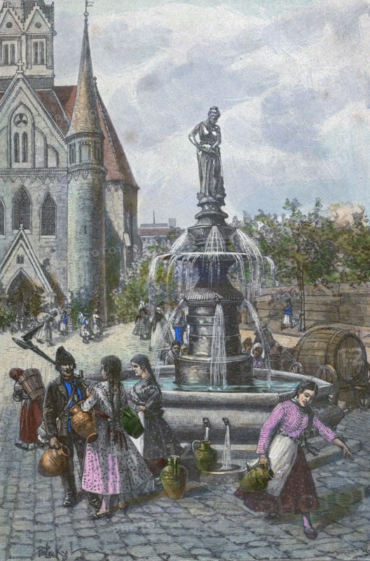 Water fountain in Szeged Hungary, 19th century. water, waterjugs, jugs, women, man, barrel, liszt gourmet archive, wet, splash, liquid, thirst, city, church, square, trees, folk dress