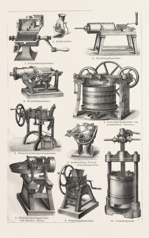 Machines to prepare meat, around 1890, 19th century, liszt gourmet archive, machine to fill the sausage, machine to cut the meat, food, butcher, grinder, equipment, kitchen, mincing, minced, processing, appliance, kitchenware, preparation, butchery, mincing-machine, blender, europe, germany