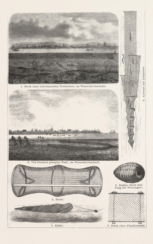 Fishing net, fishnet, nets, knotting a thin thread, dragnet, driftnet, fyke net, gillnet, around 1890, 19th century, liszt gourmet archive, gill net