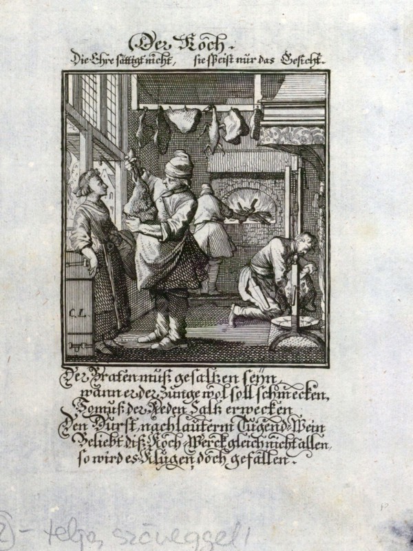 The cook, old master print, 17th century, 1600s, 1700s, engraving, liszt gourmet archive. cooking, kitchen, oven, fire, food, chef, cuisine, occupation