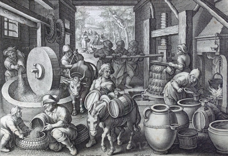 Oleum olivarum, the invention of the olive oil press, engraving circa 1591, by Stradanus or Stratesis, 1523-1605 a Flemish artist working in 16th century Florence, Italy. Engraved by Philip Galle, 1537-1612