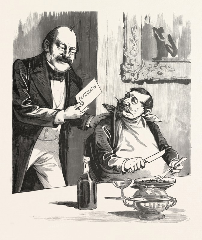 Having dinner after the capitulation, Paris, France, 19th century, franco prussian war, 1871, wine bottle, liszt gourmet archive, glass, plate, dinner table, man, knife