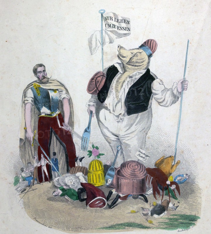 Living to eat, cartoon by Leopold Zechmayer, 1805 - circa 1860, Austrian artist, Austria. Eating too much is killing us more than the war. lobster, chicken, meat, pig, man, bodies, Strassburger pastete, Strasbourg Pie, Foie gras of Srasbourg, spoon, fork, sable, sword, liszt gourmet archive