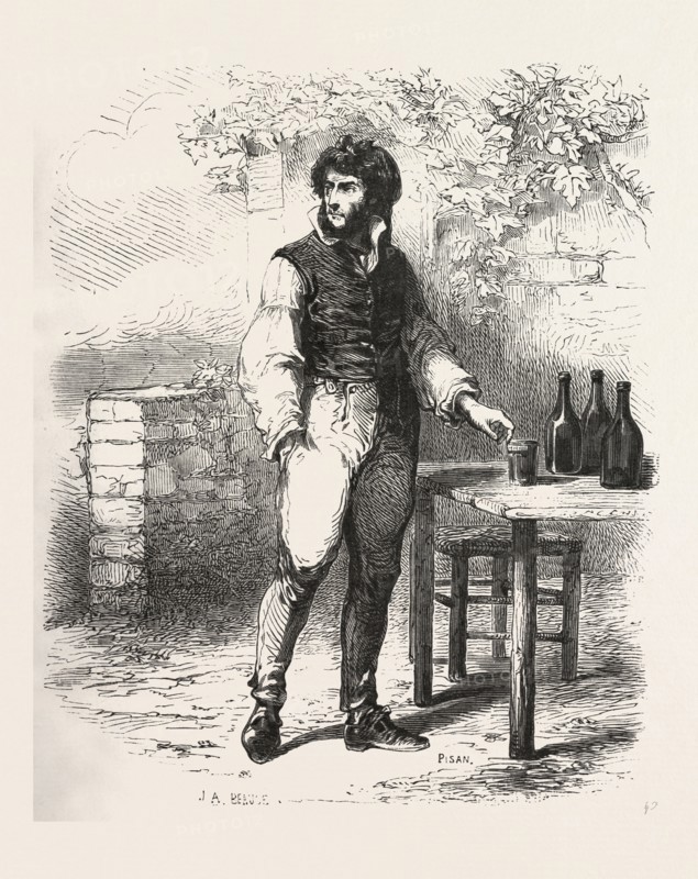 A glass of wine in the garden, the count of monte christo, caderousse, alexandre Dumas, 1844, historical novel, adventure fiction, romance novel, fiction, wine, bottle, bottles, winebottle, wineglass, alcohol, alcoholic, liszt gourmet archive, 19th century