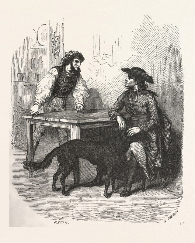 The count of monte christo alexandre Dumas, 1844, historical novel, adventure fiction, romance novel, fiction, 19th century, priest, man, dog, table, interior