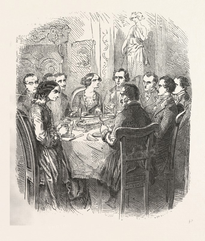 Dinner, the count of monte christo alexandre Dumas, 1844, historical novel, adventure fiction, romance novel, fiction, wine,  wineglass, alcohol, alcoholic, liszt gourmet archive, 19th century, champane, champagne glass, fish, dinner table, people, talking, champagne flute, stem glass, champagne coupe, champagne saucer