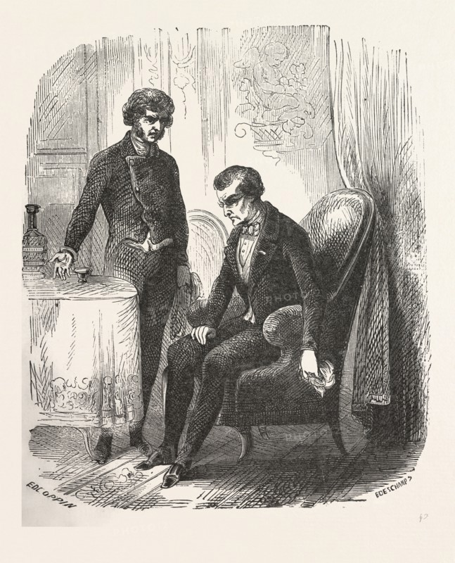 Villefort, the count of monte christo alexandre Dumas, 1844, historical novel, adventure fiction, romance novel, fiction, 19th century, men, chair, interior
