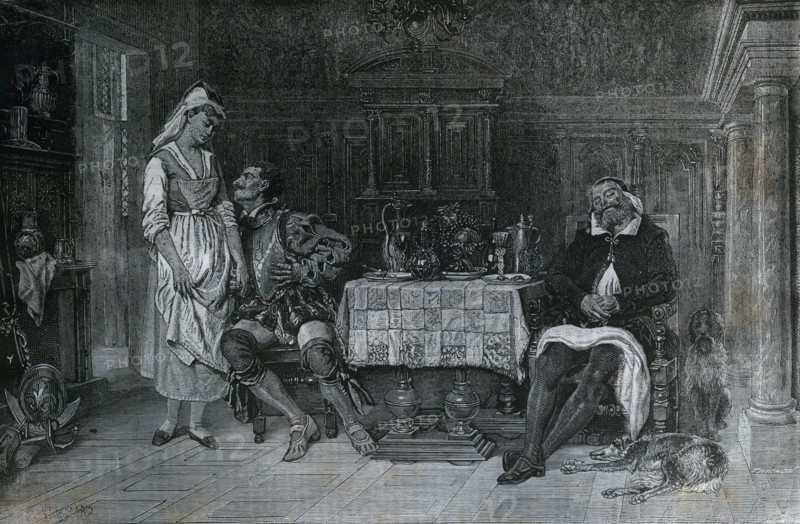 The good motive by Auguste Hadamard, 1823 - 1886, French, salon of beaux arts, 1880, 19th century, liszt gourmet archive, food and drink, dinner table, carafe, glass, glasses, plates, men, servant, woman, dog, dining room