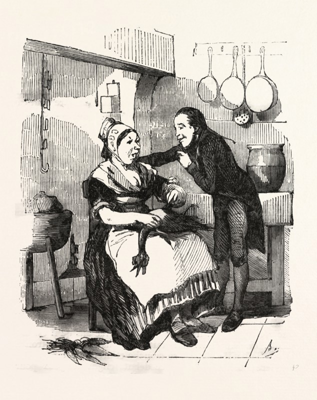 The cook and her admirer in the kitchen, cleaning a goose, by Bertall, 1820-1882, Paris, Soyons, France, Europe, 19th century. According to other contemporaries, Bertall has as an illustrator strong originality and as a cartoonist perhaps less finesse and elegance as Gavarni and less grotesque than Daumier, but he is sparkling with gaiety and originality. food and drink, France, 19th century, man, woman, pots, pans, fire place, traditional folk dress, carrots, liszt gourmet archive