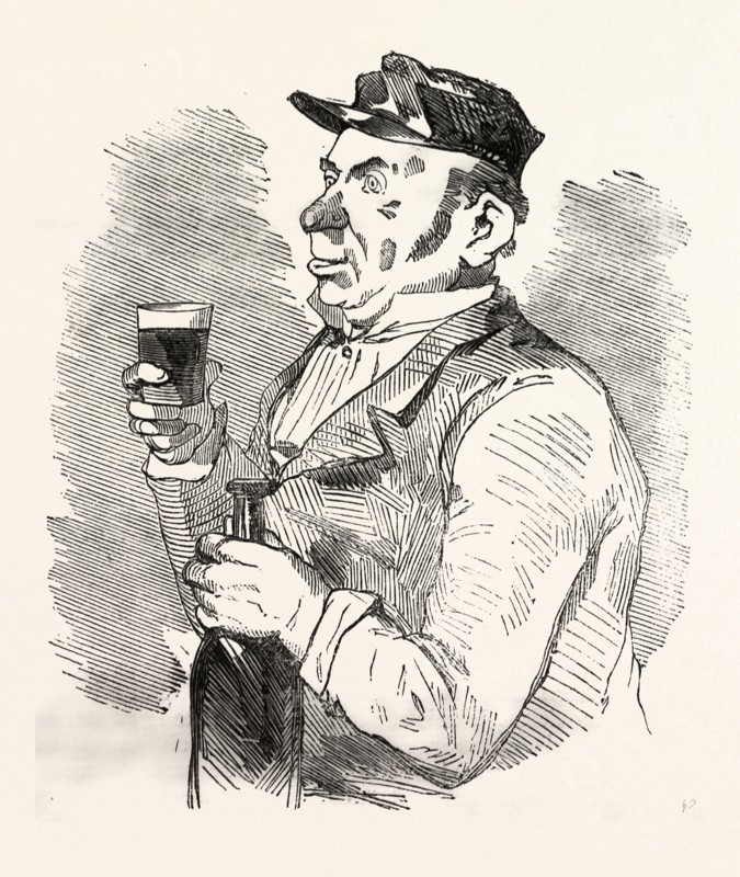 The concierge of the Roche-Noire castle drinking on the health of the count,  by Bertall, 1820-1882, Paris, Soyons, France, Europe, 19th century. According to other contemporaries, Bertall has as an illustrator strong originality and as a cartoonist perhaps less finesse and elegance as Gavarni and less grotesque than Daumier, but he is sparkling with gaiety and originality. food and drink, liszt gourmet archive