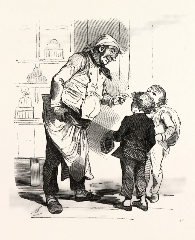 French cook talking with two children by Bertall, 1820-1882, Paris, Soyons, France, Europe, 19th century.According to other contemporaries, Bertall has as an illustrator strong originality and as a cartoonist perhaps less finesse and elegance as Gavarni and less grotesque than Daumier, but he is sparkling with gaiety and originality. food and drink, liszt gourmet archive