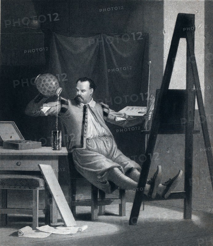 The painter relaxing. painter, beer, beer glass, beer jug, pencils, painting ezel, interior, painting, palet, palette, mahl stick.  Art work by F. Piloty, 1786-1844, German lithographer, 19th century, food and drink, liszt gourmet archive