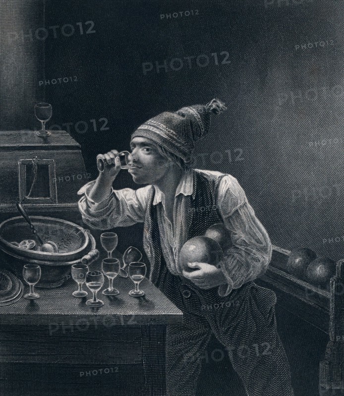 Interior by J.P. Hasenclever, 1810-1853, German, Germany, biedermeier, central Europe, dring wine, eight glasses, bowling, bowling ball, bowling balls, recreation, illustration, indoor, recreational, man, hat, 19th century, food and drink, liszt gourmet archive