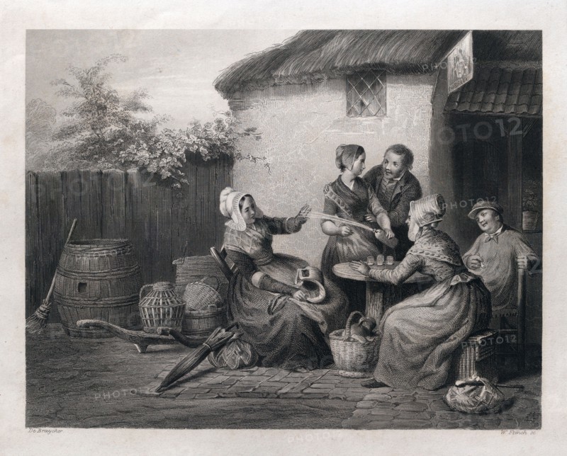 A glass of champagne at home, bottle, glasses, woman, man, baskets, umbrella, 19th century, jug. Art work by De Bruycker, Ghent, Gent, 1816-1882, Belgium. food and drink, liszt gourmet archive