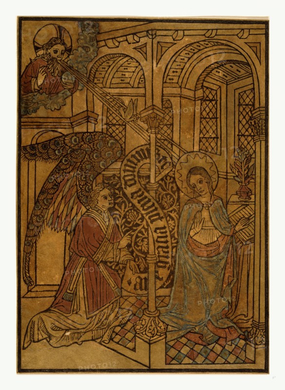 The annunciation, Print showing Mary visited by an angel, woodcut, hand-colored, between 1450 and 1460