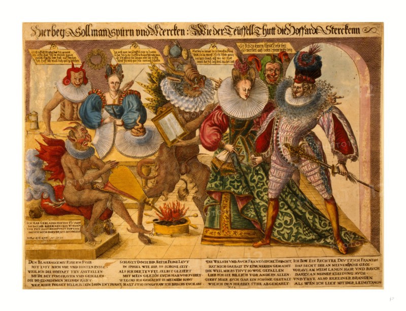 Allegory of vanity (presumptuousness) showing five demon-like figures confronting a man and a woman wearing elaborate collars. NÃ¼tzel, Hieronymus active approximately 1584/5-1590, engraver. Etching and engraving, hand-colored