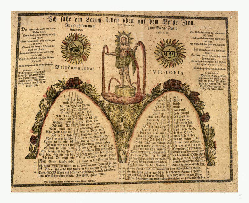 Pennsylvania German fraktur labeled with verse from Revelations 14:1, I saw a lamb on Mount Zion, shows Jesus Christ bleeding from crucifixion wounds. Created between 1780 and 1880. woodcut with watercolor and waterpress