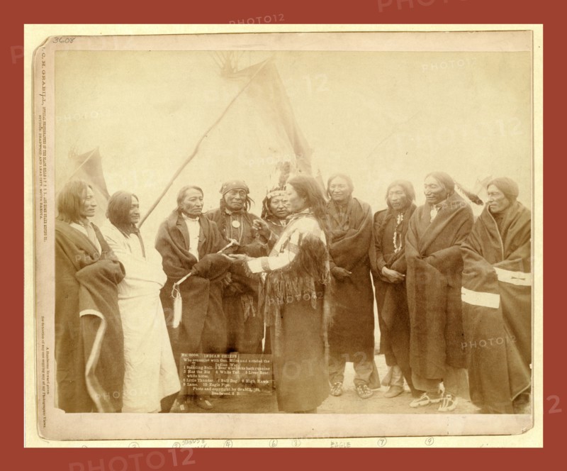 Indian chiefs who counciled with Gen. Miles and setteled [sic] the Indian War --  Standing Bull,  Bear Who Looks Back Running [Stands and Looks Back],  Has the Big White Horse,  White Tail,  Liver [or Living] Bear,  Little Thunder,  Bull Dog,  High Hawk,  Lame,  Eagle Pipe, John C. H. Grabill was an american photographer. In 1886 he opened his first photographic studio