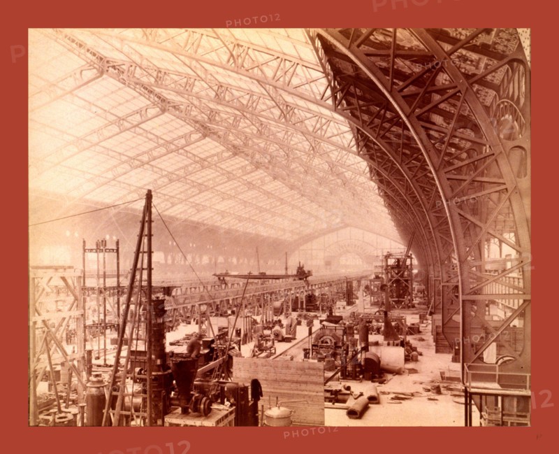 Interior of Gallery of Machines, showing machines being set up, Paris Exposition, 1889, France, Napoleon Dufeu