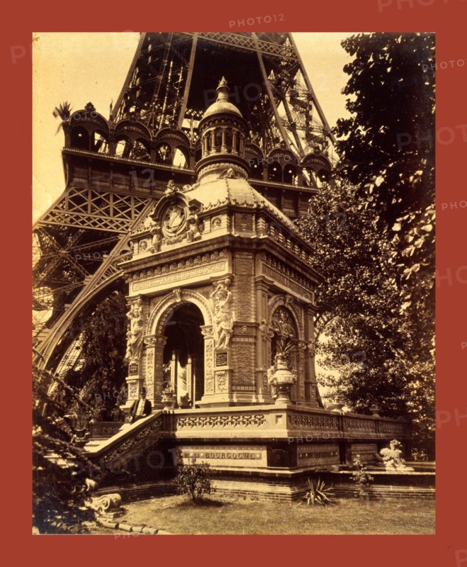 Pavilion Perusson, exhibit of bricks, enamels, terre-cotta and ceramics, for M. Perusson and Desfontaines, architect T. Ferret, located near the base of Eiffel Tower, Paris Exposition, 1889