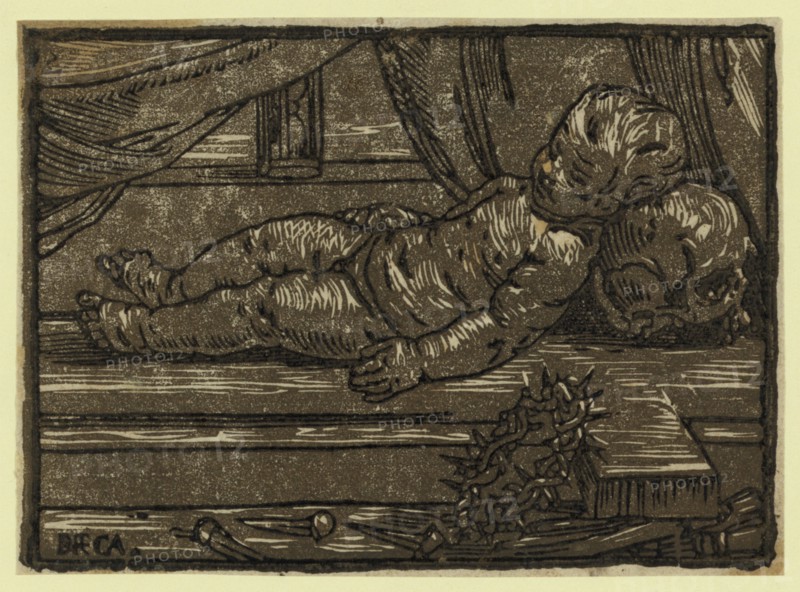 The infant Christ prefiguring the passion / BFCA., Reni, Guido, 1575-1642 , artist, between ca. 1600 and 1750, chiaroscuro woodcut, Print shows the infant Jesus resting on a cross with a crown of thorns and nails in the foreground.