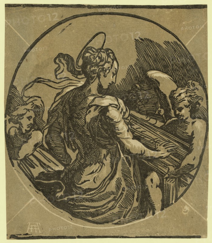 St. Cecilia / AA [monogram of Andrea Andreani], between 1530 and 1550. Trento, Antonio da, approximately 1508-approximately 1550, artist, Parmigianino, 1503-1540. Andreani, Andrea, approximately 1560-1623. chiaroscuro woodcut, Print showing Saint Cecilia in medallion with two angels, one possibly holding a stringed instrument.