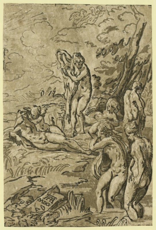 Nymphs bathing / AA [monogram of Andrea Andreani], between 1500 and 1530, printed 1605. Carpi, Ugo da, 1480-approximately 1532, artist, Parmigianino, 1503-1540. Andreani, Andrea, approximately 1560-1623. Print showing a group of nymphs bathing, attended by putti.
