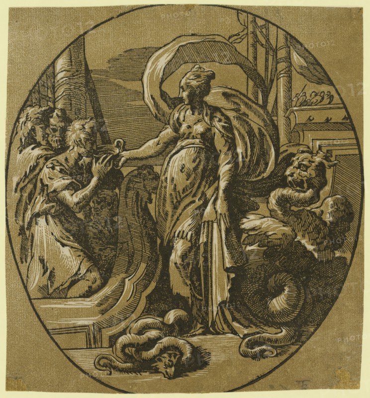 Circe, dating from between 1500 and 1530, Carpi, Ugo da, 1480-approximately 1532, artist, Parmigianino, 1503-1540. Andreani, Andrea, approximately 1560-1623. chiaroscuro woodcut, Print showing Circe, standing on a wharf with dragon-like serpents, offering a drink to sailors as their ship passes.