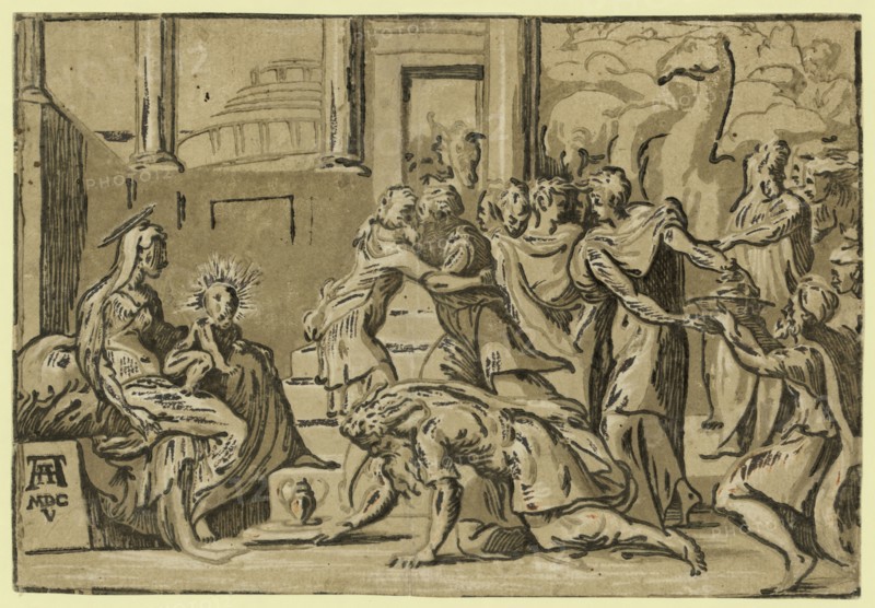 The adoration of the Magi / AA [monogram of Andrea Andreani] MDCV. Vicentino, Giuseppe Niccolo, approximately 1510-, artist, Parmigianino, 1503-1540. Andreani, Andrea, approximately 1560-1623. chiaroscuro woodcut, Allegorical print showing the nativity scene with the Magi presenting their offerings to the infant Jesus.