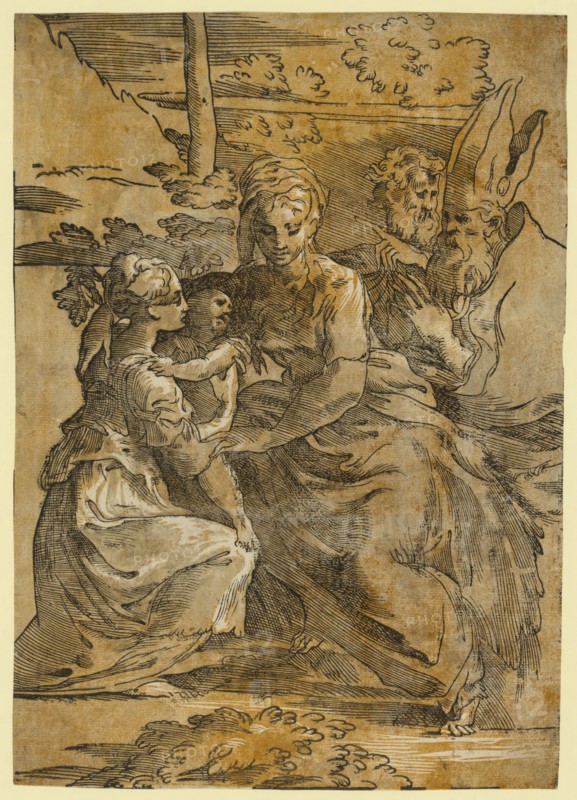 The holy family with St. Margaret and a bishop, Trento, Antonio da, approximately 1508-approximately 1550, artist, Vicentino, Giuseppe Niccolo, approximately 1510-, Parmigianino, 1503-1540. Andreani, Andrea, approximately 1560-1623. chiaroscuro woodcut, Allegorical print showing Saint Margaret and a bishop with Joseph, Mary, and Jesus.