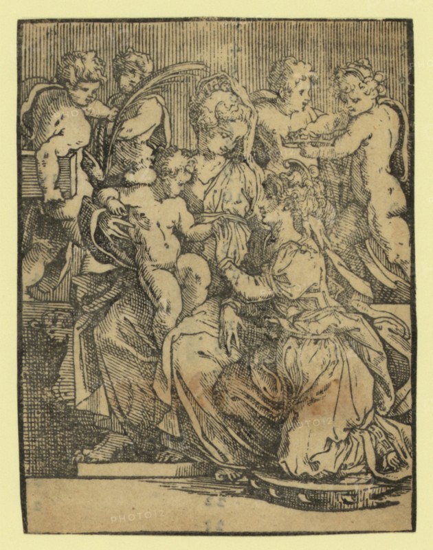 The marriage of St. Catherine, between ca. 1500 and 1700, chiaroscuro woodcut, Print shows St. Catherine kneeling next to the infant Jesus seated on his mother's lap. Jesus gives Catherine a ring.