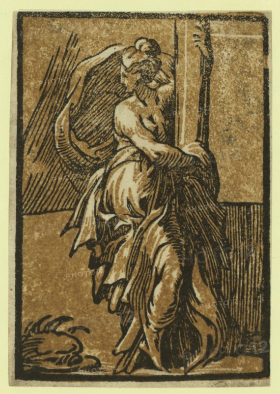 Fortitude, between 1530 and 1550, Trento, Antonio da, approximately 1508-approximately 1550, artist, chiaroscuro woodcut, Allegorical print showing a seated woman holding onto a column.