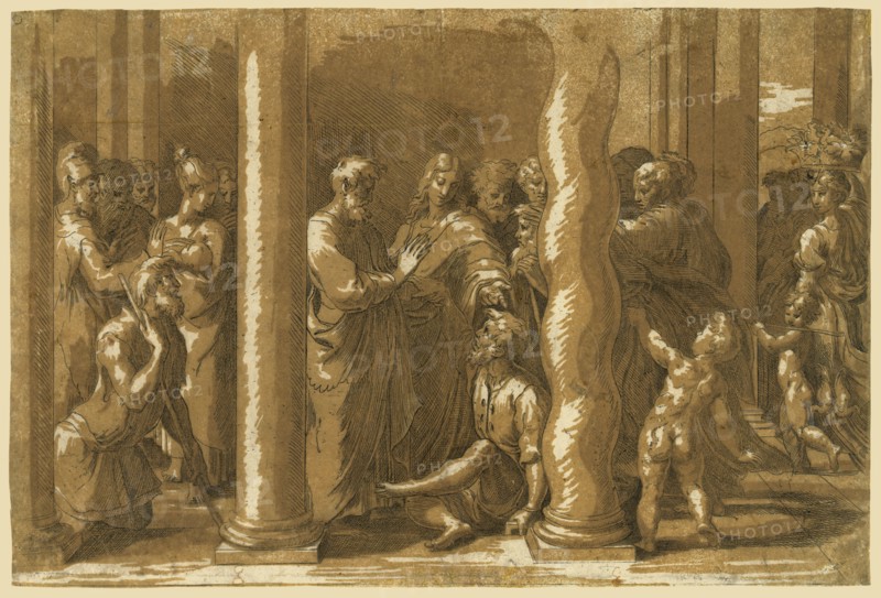 Saints Peter and John curing the sick, Raphael, 1483-1520, artist, between ca. 1500 and 1600, chiaroscuro woodcut, Print shows the apostles Peter and John raising their hands to heal a cripple seated on the floor in front of them while a group of people watch.